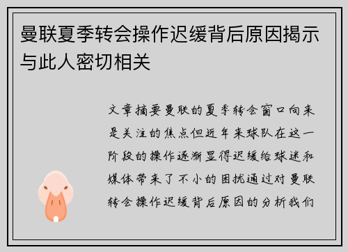 曼联夏季转会操作迟缓背后原因揭示与此人密切相关