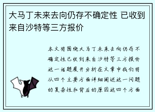 大马丁未来去向仍存不确定性 已收到来自沙特等三方报价