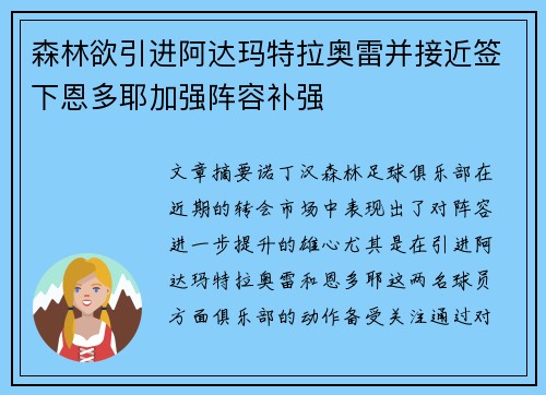 森林欲引进阿达玛特拉奥雷并接近签下恩多耶加强阵容补强