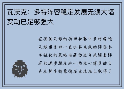 瓦茨克：多特阵容稳定发展无须大幅变动已足够强大